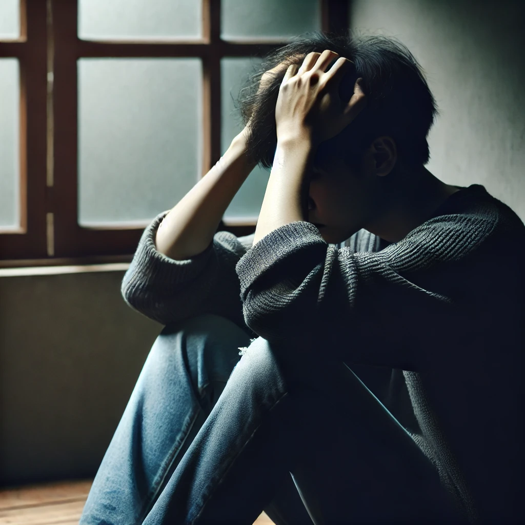 DALL&middot;E 2024 08 25 18.32.00 A Person Sitting Alone In A Dimly Lit Room With Their Hands On Their Head Showing Signs Of Distress And Frustration. The Person Is Looking Down Or G