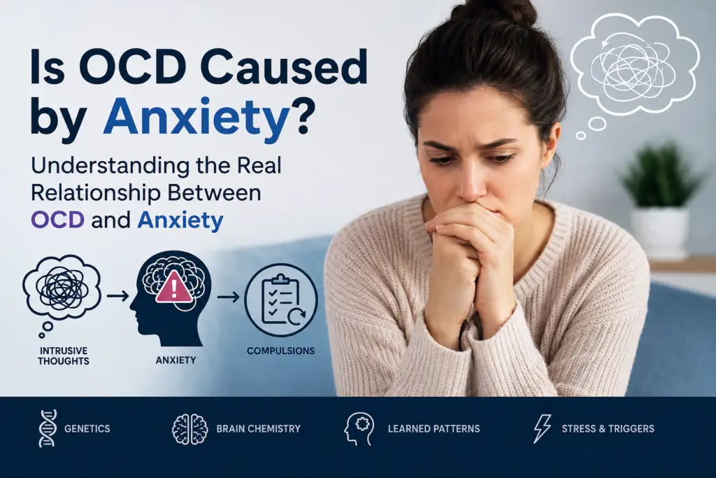 Illustration explaining the relationship between OCD and anxiety, showing how intrusive thoughts trigger anxiety, compulsions, temporary relief, and reinforcement of the OCD cycle.