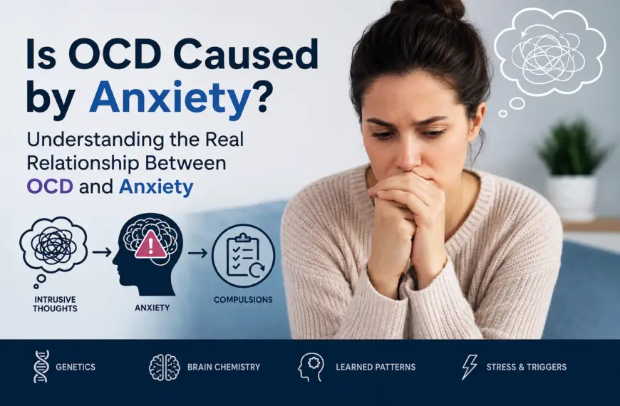 Illustration explaining the relationship between OCD and anxiety, showing how intrusive thoughts trigger anxiety, compulsions, temporary relief, and reinforcement of the OCD cycle.