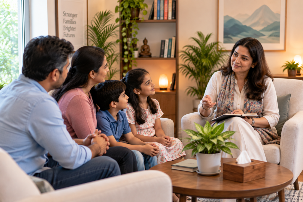Family therapy session with psychotherapist at Calmscious