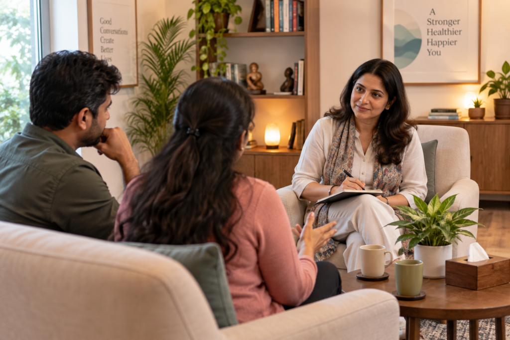 Couple therapy session with psychotherapist at Calmscious